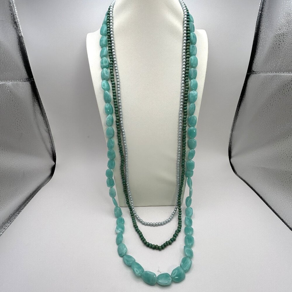 Teal Aqua Multistrand Necklace Beaded Boho Layered Long 38-44 in